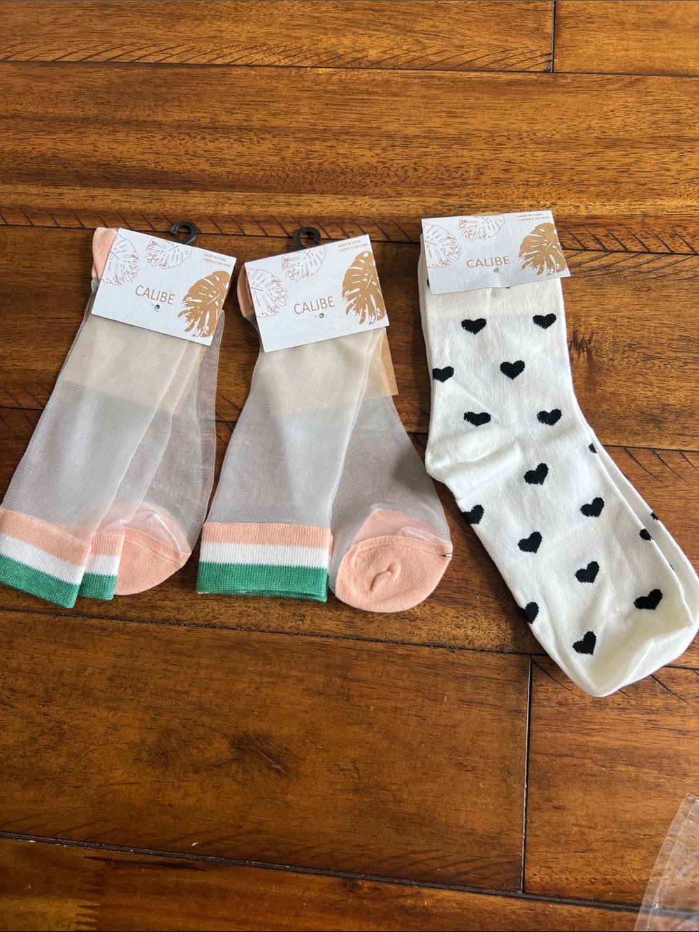 Calibre Sheer Peach & Green Ankle Socks and White Heart Crew Socks Size 4-10